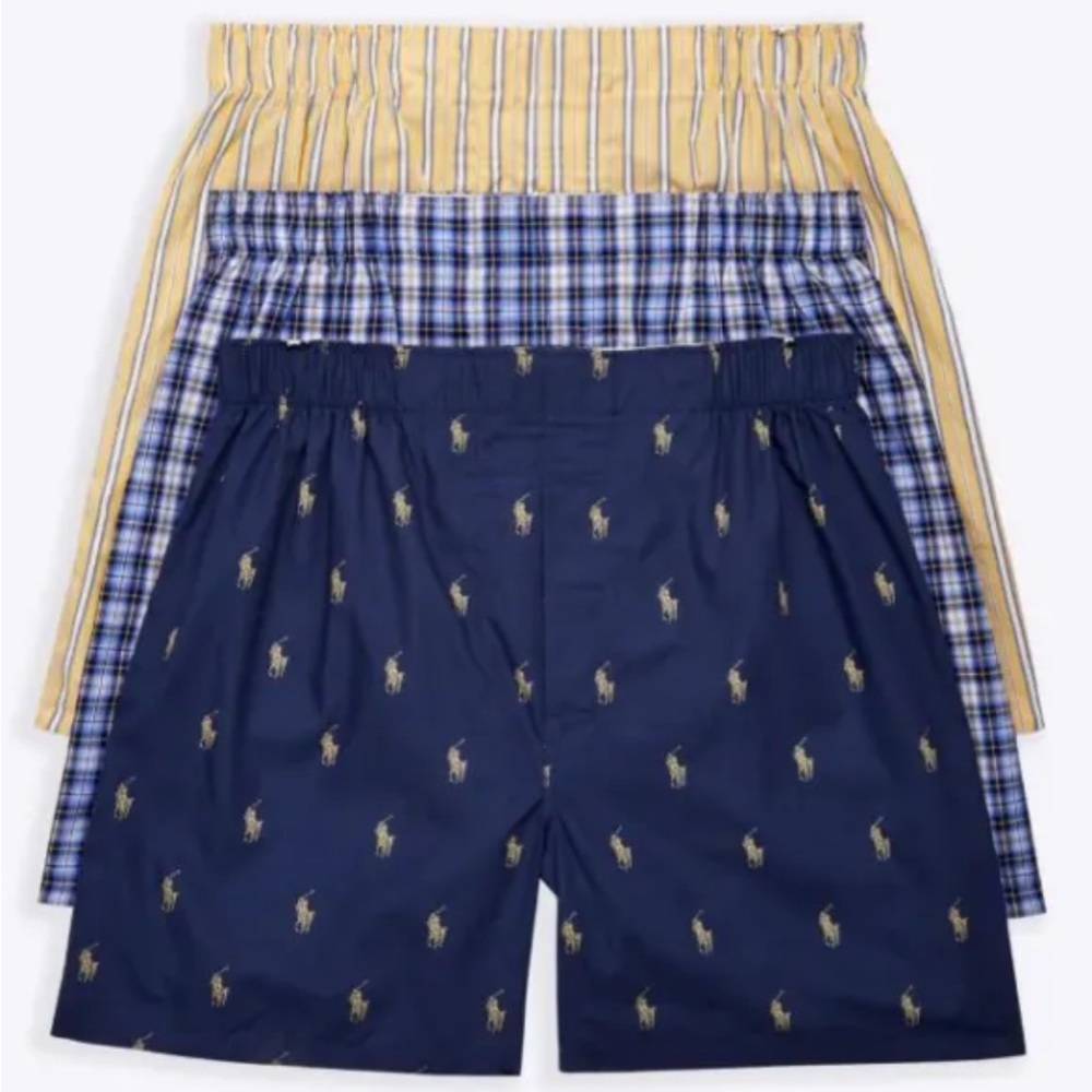 POLO Ralph Lauren Men's Navy/Stripe/Plaid 3-Pk. Woven Cotton Boxers, XL